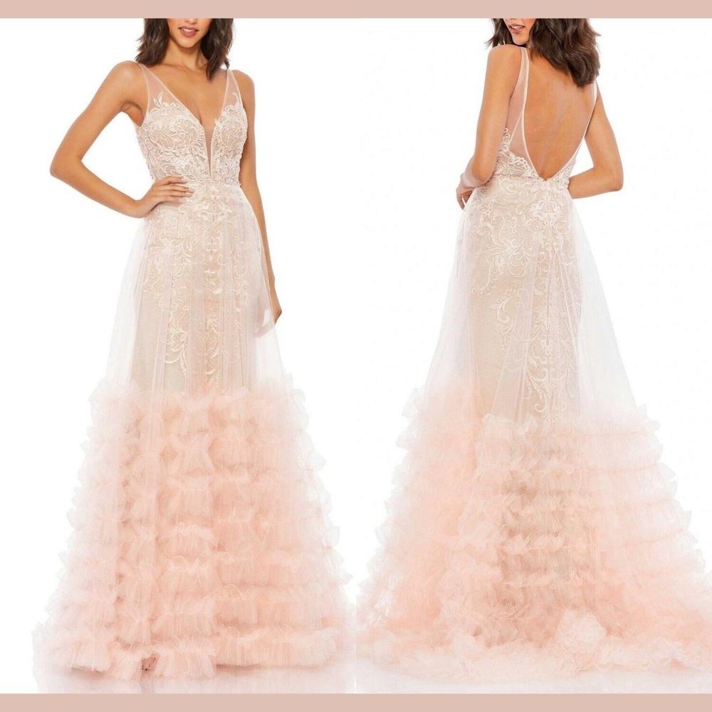 NWT Mac Duggal [ 16 ] 11183 Lace Ruffle Tiered Sleeveless Plunge Neck Gown J1723